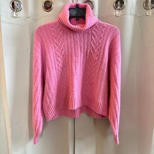 H&M Divided Pink Cable Knit Turtleneck Sweater Cropped Wool Blend Oversize 19384